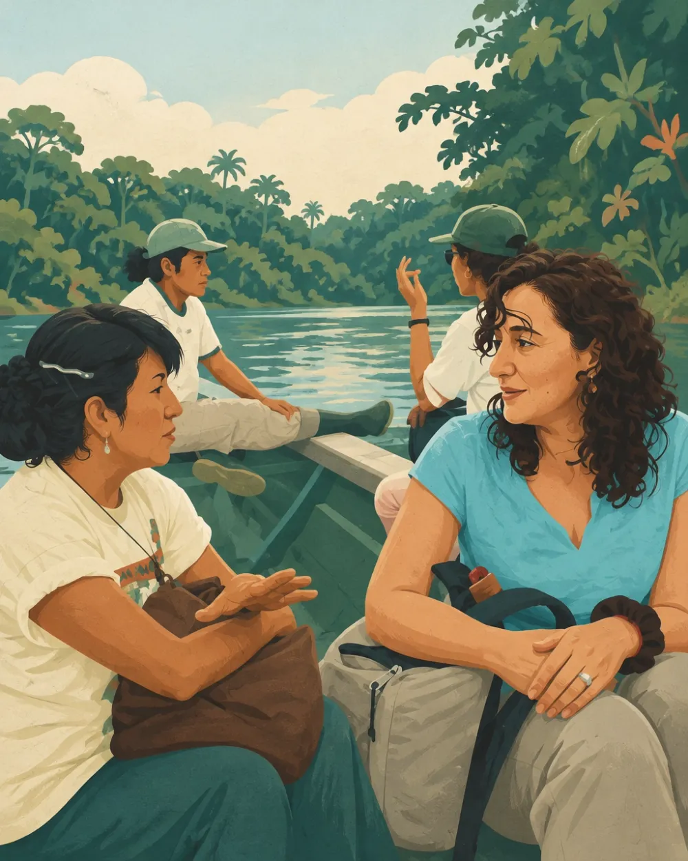 Illustration of Diana and colleagues traveling together by boat on the Amazon River