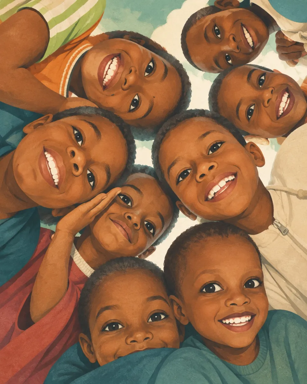 Illustrated group of children in Ethiopia smiling together